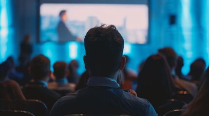 Blurred Business conference, lecture, or presentation with audience watching the speaker and listening to the presentation. Engagement, learning, and knowledge exchange in a professional setting.