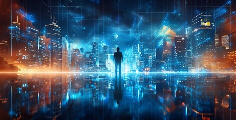 Fototapeta premium A man stands in the middle of a cityscape with a bright blue sky above him