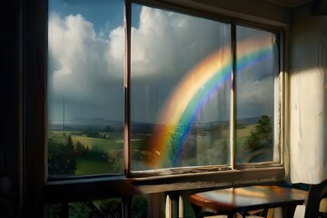 rainbow in the sky through window