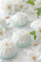 A close up of a white dessert with a flower on top