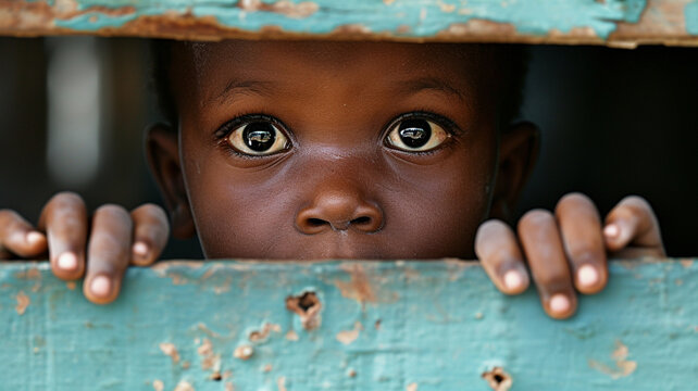 portrait of a scared black boy hiding behind a blue fence