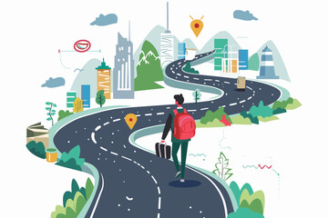 Business Journey Roadmap - Businessman Running on Winding Path with Milestone Pins. Project Timeline, Workflow Process Steps to Success. Vector Illustration for Presentation, Web Banner, Infographic.