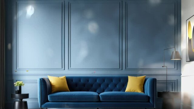 Blue sofa with panel wall. Minimalist loft house interior design modern living room. 3D Rendering.