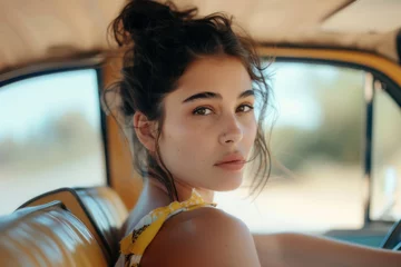  Dreamy Young Woman Looking Away Thoughtfully in Vintage Car Interior © KirKam