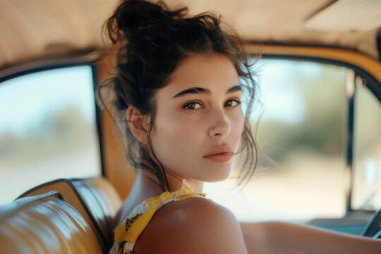 Fototapeta Dreamy Young Woman Looking Away Thoughtfully in Vintage Car Interior