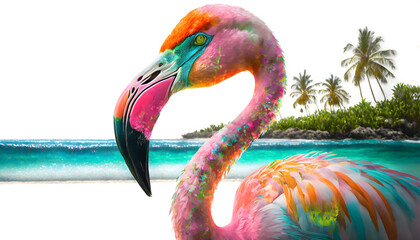 flamingo, karibik, Doppelbelichtung, beach, artwork, close up, neon, pink, rosa, hinetrgrund, copy space, close up, tier, tropisch, palmen, meer