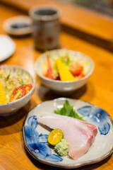 Slice of the sashimi fish in the Japanese restaurant