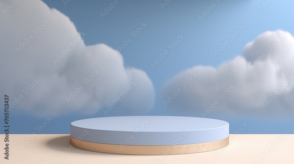 Aufkleber blue podium with clouds for product display and presentation background. 3d rendering. exhibition st