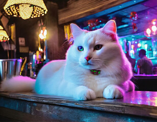 Um gato branco, deitado no balcão de um pub, iluminado com as luzes do ambiente. - obrazy, fototapety, plakaty