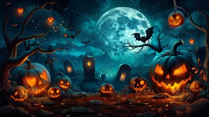 A Halloween scene with a large moon in the background