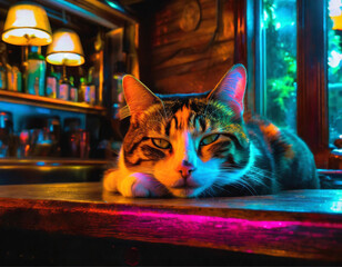 Um gato cálico, sonolento, deitado no balcão de um pub.