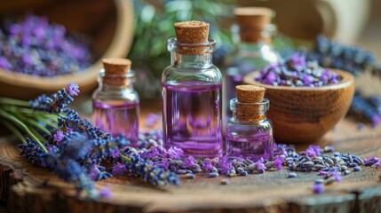 Obraz na płótnie Canvas Lavender Flowers in Bottle on Wooden Table