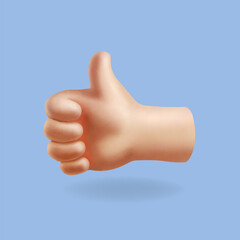 Cartoon thumb up hand, Like gesture isolated on blue background. Like sign, good feedback icon. Vector 3d illustration