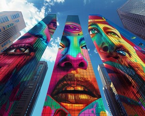 Amidst towering skyscrapers, a street art showcase celebrates various cultures through larger-than-life murals Showcase this urban cultural blend in a 3D render 