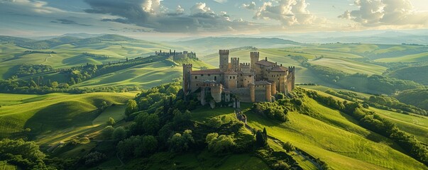 Aerial view of the castle and its towers amidst rolling green hills - obrazy, fototapety, plakaty