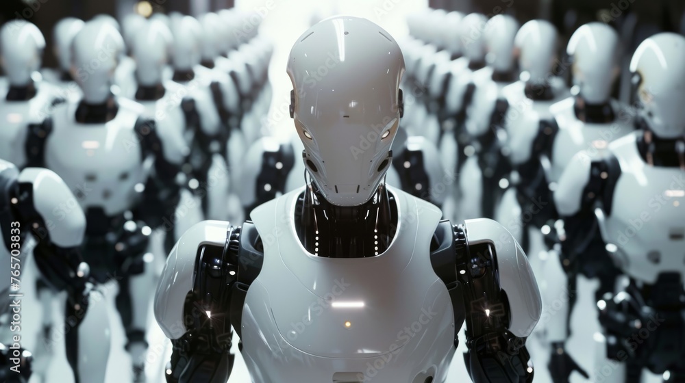 Poster white humanoid robot in a warehouse with the same robots