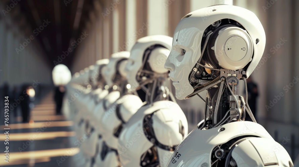 Poster row of robot heads in front of the main entrance to the building