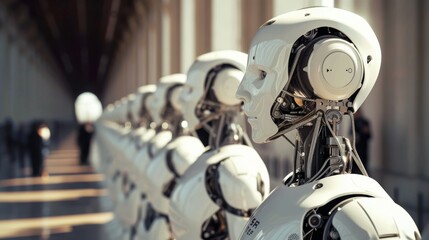 Fototapeta premium Row of robot heads in front of the main entrance to the building