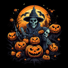 cool halloween design, manga style, bats, pumpkins, skeletons, zombies, black background creative with Generative AI