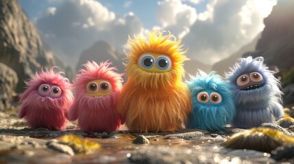 Obraz premium Four fuzzy animals with different colors are sitting on a snowy surface