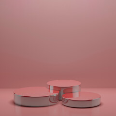 Set of three round pink polish glossy podiums for cosmetic products, mockup, on pink background. Stage for presentation skin care products, gifts, goods, advertising, design, sale, display, showing.