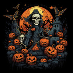 Fototapeta premium cool halloween design, manga style, bats, pumpkins, skeletons, zombies, black background creative with Generative AI