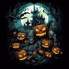 Fototapeta premium cool halloween design, manga style, bats, pumpkins, skeletons, zombies, black background creative with Generative AI
