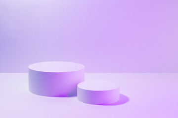 Abstract scene in pink violet vr neon light - two round podiums for cosmetic products mockup. Abstract stage for presentation skin care products, gifts, advertising, design, sale in hipster style.
