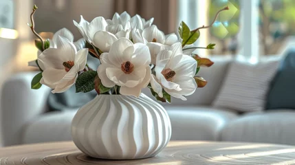 Foto op Plexiglas White Vase With Flowers on Table © olegganko