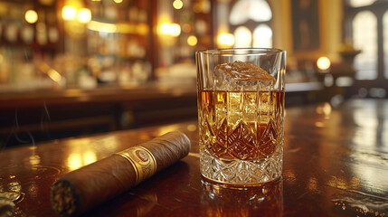 A glass of whiskey paired perfectly with a cigar embodies sophistication and leisure  - obrazy, fototapety, plakaty