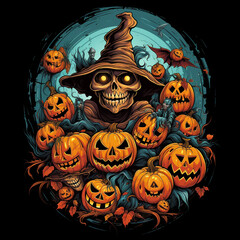 cool halloween design, manga style, bats, pumpkins, skeletons, zombies, black background creative with Generative AI