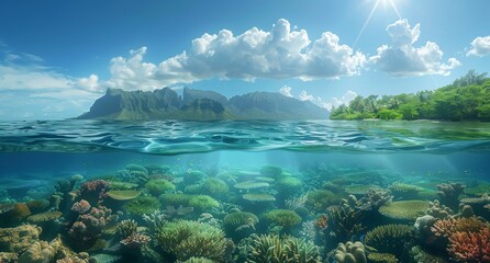 Fototapeta na wymiar A beautiful underwater scene with a mountain in the background