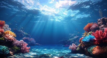 A beautiful underwater scene with a mountain in the background
