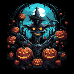 Fototapeta premium cool halloween design, manga style, bats, pumpkins, skeletons, zombies, black background creative with Generative AI