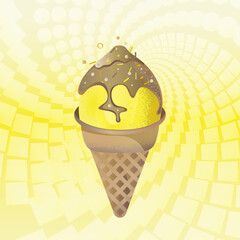 Vector illustration of lemon ice cream in a waffle cone with chocolate. Sweet creamy confectionery dessert, milk sweets..
