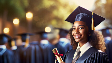 happy african american graduate girl in cap and gown with diploma
