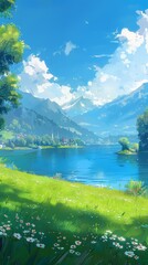 Naklejka premium A beautiful landscape with a river and mountains in the background