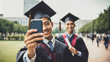 Portrait of young graduate taking selfie with mobile phone