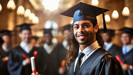 happy male graduate in mortarboard and gowns at university graduation ceremony