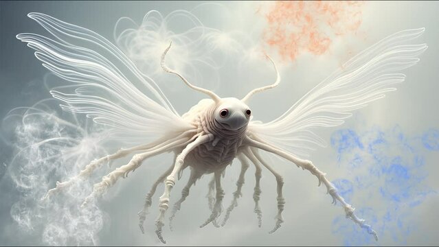 Surreal specimen of an insect, a winged creature with antennae and moving eyes floating in clouds of colored smoke. Animated image similar to a hallucination