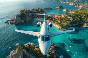 A small plane is flying over a beautiful island with a blue ocean