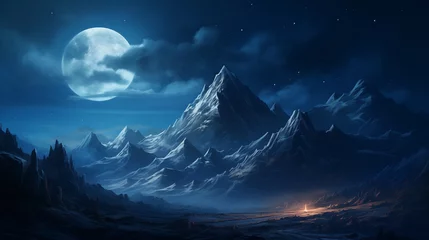 Poster Mystical mountain landscape with a full moon and stars in the night sky. © HecoPhoto