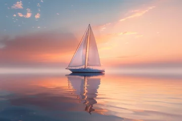 Rolgordijnen A sailboat is sailing on a calm sea at sunset © hakule