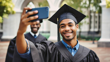 Portrait of young african american graduate taking selfie with mobile phone