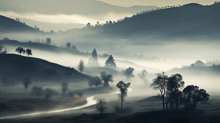 Misty valley landscape with river and hills in the morning light. - obrazy, fototapety, plakaty
