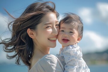 A woman is holding a baby and smiling