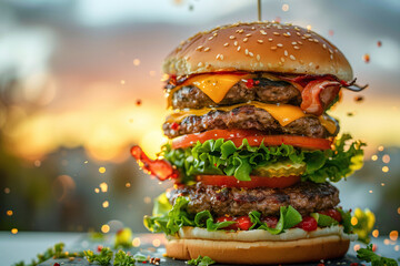 Sunset Burger Spectacle: Double-stacked cheeseburger with bacon and vibrant vegetable toppings
