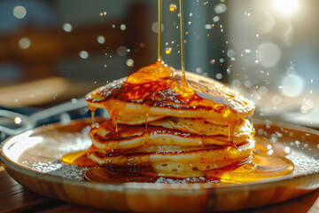 Delicious Breakfast Delight: Stacked pancakes with syrup pouring over in warm morning light
 - obrazy, fototapety, plakaty
