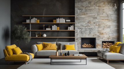 Modern living room interior with fireplace, sofa, armchairs, coffee table, bookshelves, and decorative accessories. - obrazy, fototapety, plakaty
