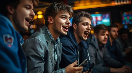 Fototapeta premium A group of men are laughing and one of them is holding a cell phone